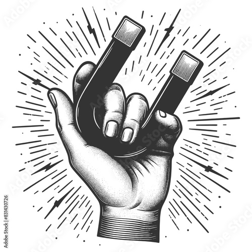 hand holding a magnet, showcasing classic artistic style and dynamic energy lines sketch engraving generative ai vector illustration. Scratch board imitation. Black and white image.