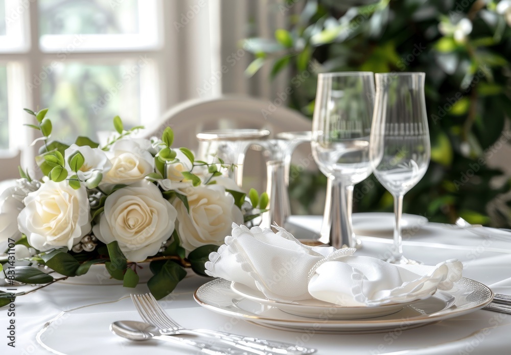 An elegant, luxurious fine dining table set with silverware, wine glasses, and flowers for special occasions like a date, family toast, wedding, anniversary, Thanksgiving, or Christmas dinner. An elegant, luxurious fine dining table set with silverware, wine glasses, and flowers for special occasions like a date, family toast, wedding, anniversary, Thanksgiving, or Christmas dinner.