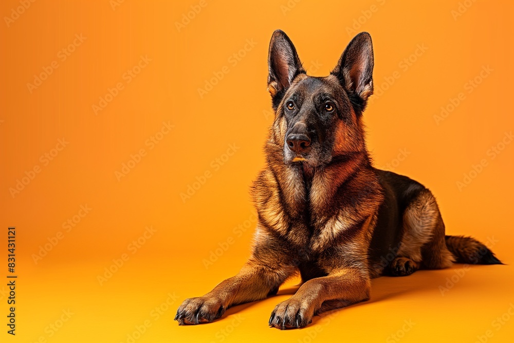 Full body studio portrait of a beautiful German shepherd dog. The dog is lying down and looking up over a background of pastel shades, looking majestic.