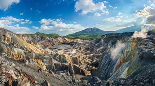 Panoramic view of a volcanic landscape with steaming vents and colorful mineral deposits, showcasing the geological diversity of the area photo