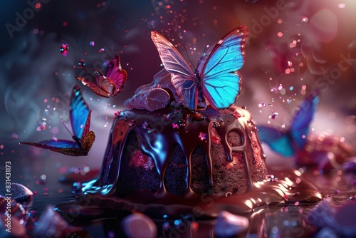 Magical scene with vibrant blue butterflies fluttering around a chocolate dessert, with ethereal lighting and effects.
