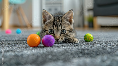 Close-up of an adorable kitten with a playful expression, surrounded by colorful balls and toys on a gray carpet surface.