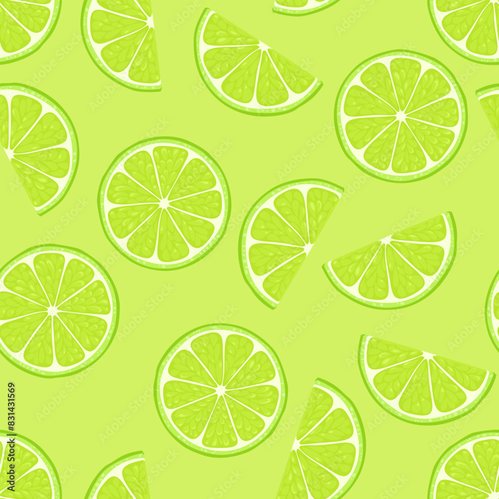 Lime slices on green background. Vector cartoon flat illustration. Seamless pattern with fresh citrus fruits. Lime slices on green background. Vector cartoon flat illustration. Seamless pattern with fresh citrus fruits.