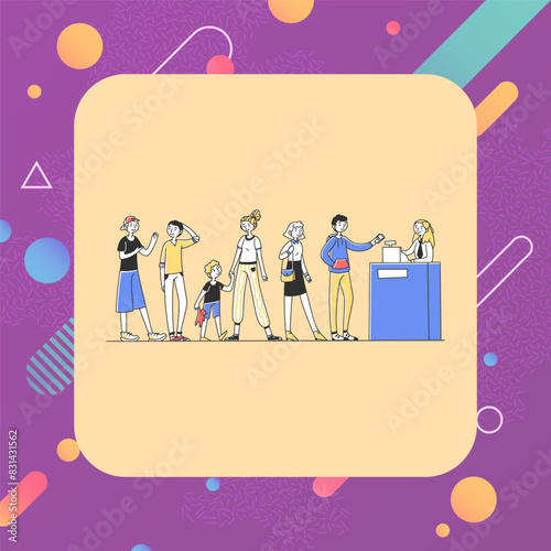 Line of people standing at checkout desk. Queue of customers, cash register, cashier flat vector illustration. Store, shop, payment concept for banner, website design or landing web page