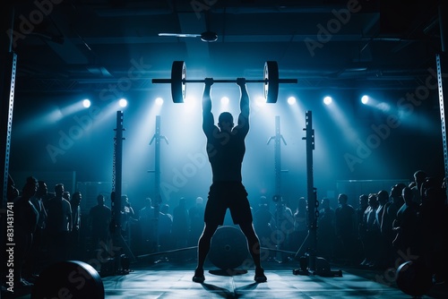 Heroic Silhouette of Weightlifter Lifting Barbell Overhead in Dramatic Backlit Gym Scene