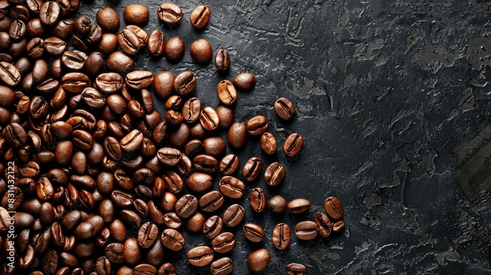 Coffee Template. Closeup of Roasted Coffee Beans Heap on Dark Background with Copy Space