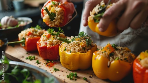 Person stuffing bell peppers with rice and vegetables, preparing a wholesome and delicious vegetarian meal photo