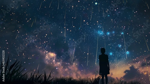 Silhouette of a person gazing up at the rain of shooting stars, awestruck by the magical spectacle in the night sky photo