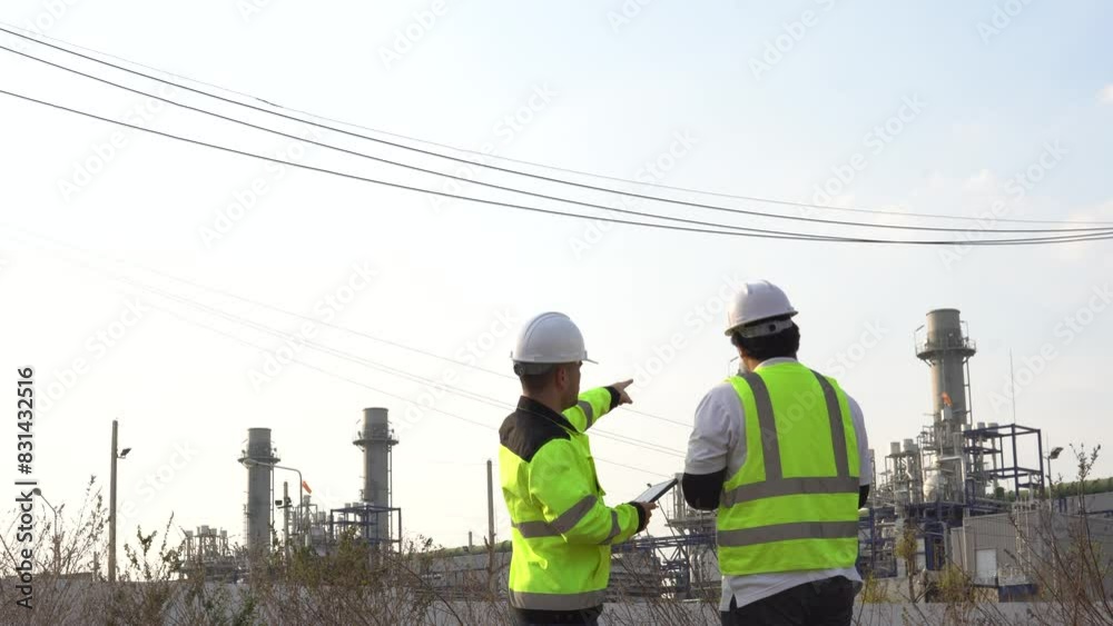 Two engineers working at an industrial plant,power generation facility,discussing operational issues,collaboration between manager and electrical engineer,solving technical problems,ensuring efficient Two engineers working at an industrial plant,power generation facility,discussing operational issues,collaboration between manager and electrical engineer,solving technical problems,ensuring efficient