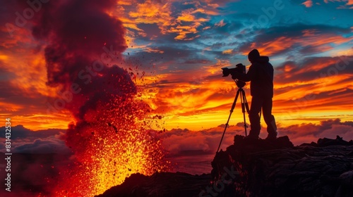Silhouette of a photographer capturing the explosive eruption of a volcano against a colorful sunset sky, risking it all for the perfect shot © Plaifah