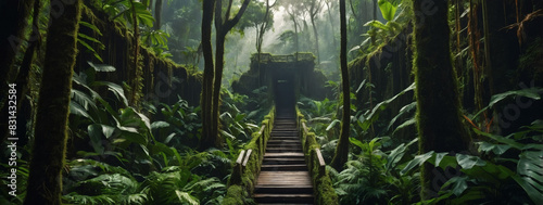Immersive forest maze enveloped by towering trees and lush vegetation, offering an exhilarating adventure in the depths of the jungle. photo