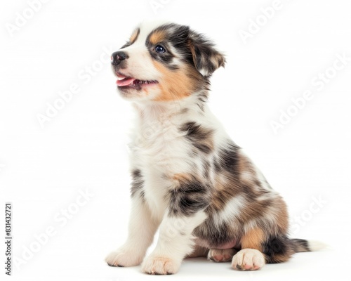Smiling Puppy: Australian Shepherd Puppy Sitting and Smiling on White Background