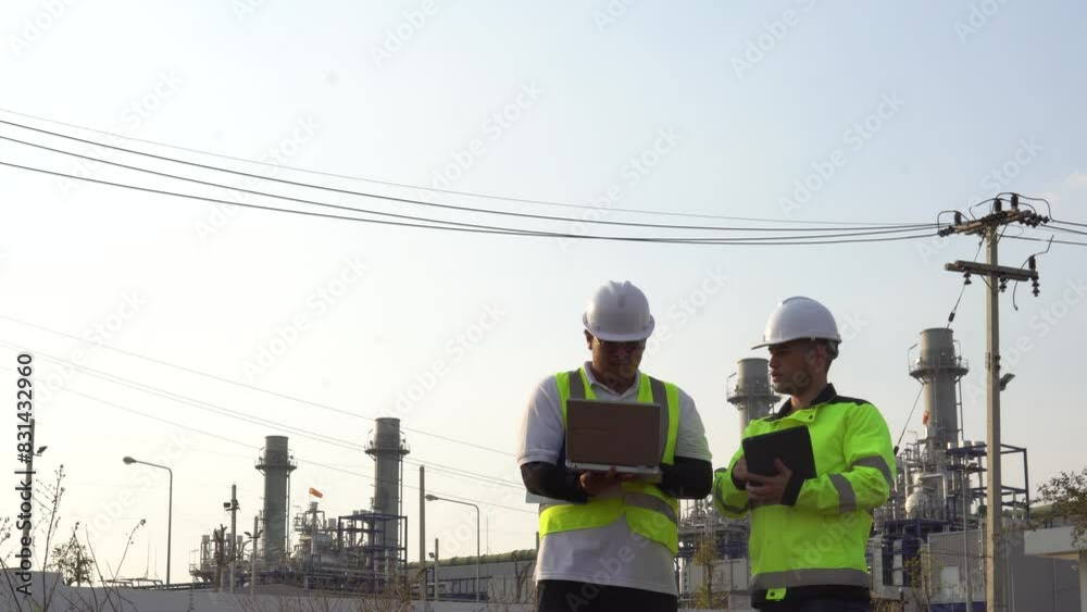Two engineers working at an industrial plant,power generation facility,discussing operational issues,collaboration between manager and electrical engineer,solving technical problems,ensuring efficient Two engineers working at an industrial plant,power generation facility,discussing operational issues,collaboration between manager and electrical engineer,solving technical problems,ensuring efficient