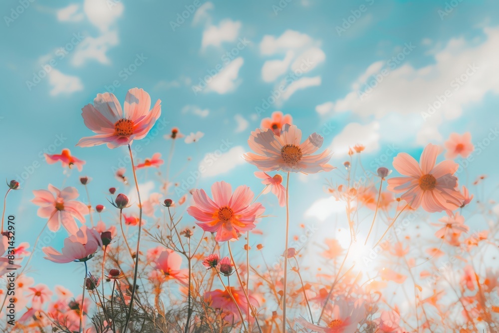 Obraz premium Beautiful cosmos flowers in the meadow, sunlight and blue sky background, a beautiful natural landscape with a summer flower field, colorful wildflowers in the green grass at sunrise or sunset. 