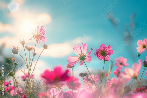 Beautiful cosmos flowers in the meadow, sunlight and blue sky background, a beautiful natural landscape with a summer flower field, colorful wildflowers in the green grass at sunrise or sunset. 