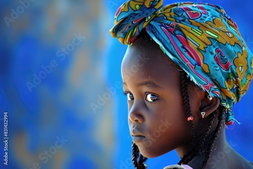 African Child: Beautiful Girl in Blue Headkerchief Against Blurred Background photo