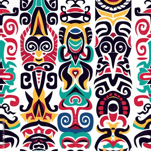 Seamless Pattern of Colorful Geometric Pattern with Traditional Tribe Motifs