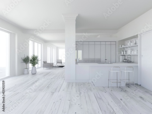 A large  open white kitchen with a white counter and white cabinets. The kitchen is very clean and has a modern  minimalist design. There is a potted plant in the corner and a vase on the counter