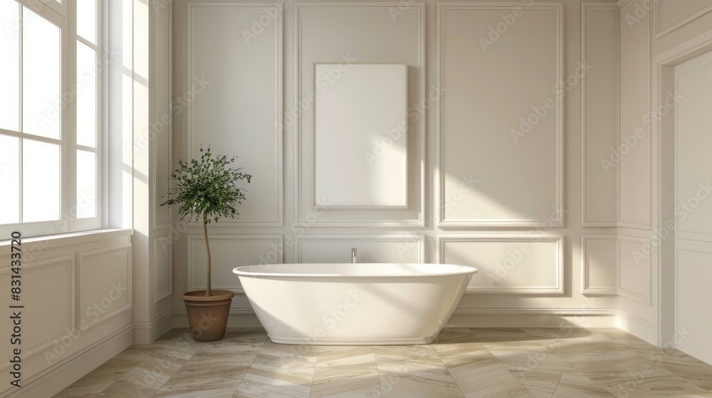 A white bathtub sits in a room with a white wall and a white picture frame. The room is very clean and simple, with a potted plant and a window providing natural light A white bathtub sits in a room with a white wall and a white picture frame. The room is very clean and simple, with a potted plant and a window providing natural light