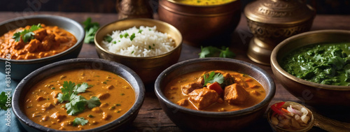 Indian flavors on rustic backdrop, Chicken Tikka Masala, Palak Paneer, Saffron Rice, Lentil Soup, Pita Bread, and spices.