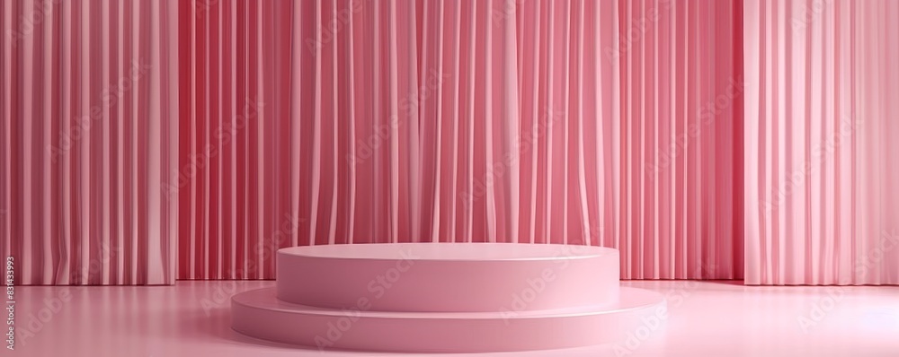 Pink podium against a soft and gentle curtain backdrop Pink podium against a soft and gentle curtain backdrop