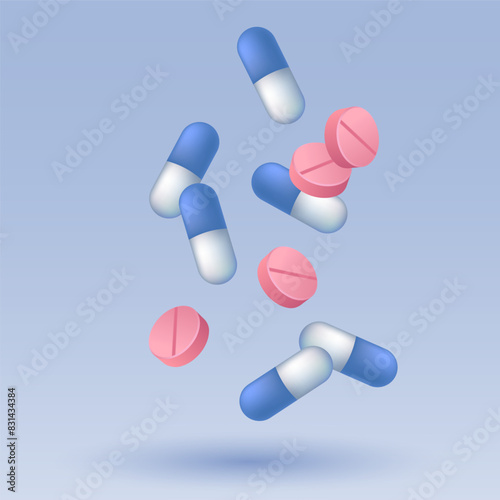 Pills and capsules falling vector pharmaceutical illustration. Medical treatment concept. Blue and white 3d capsules, pink ibuprofen pills, medical drugs againts pain, flu. Intensive therapy drugs