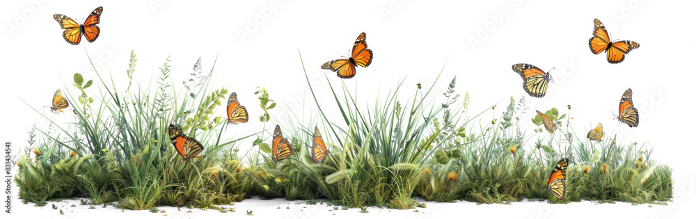 Green grass with butterflies on transparent background