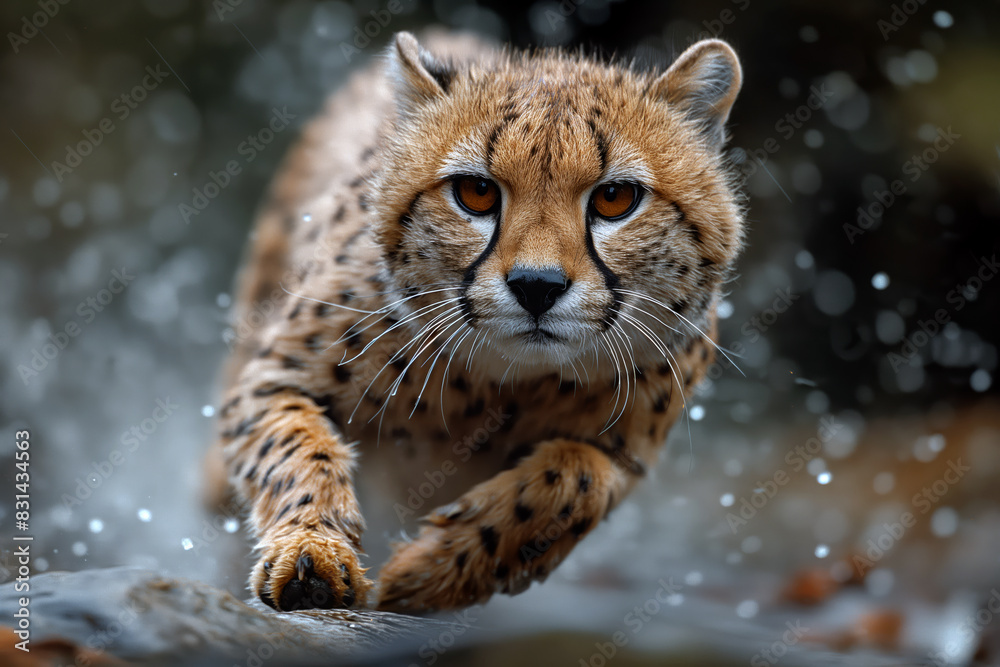 Fototapeta premium AI generated illustration of a cheetah running towards the camera, with a focused expression