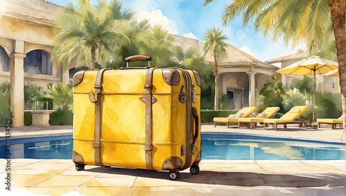 Watercolour Illustration yellow suitcase on a tropical resort is trip to the sea and pool in a warm summer climate, a vacation tour in hotel.  © Ольга Симонова