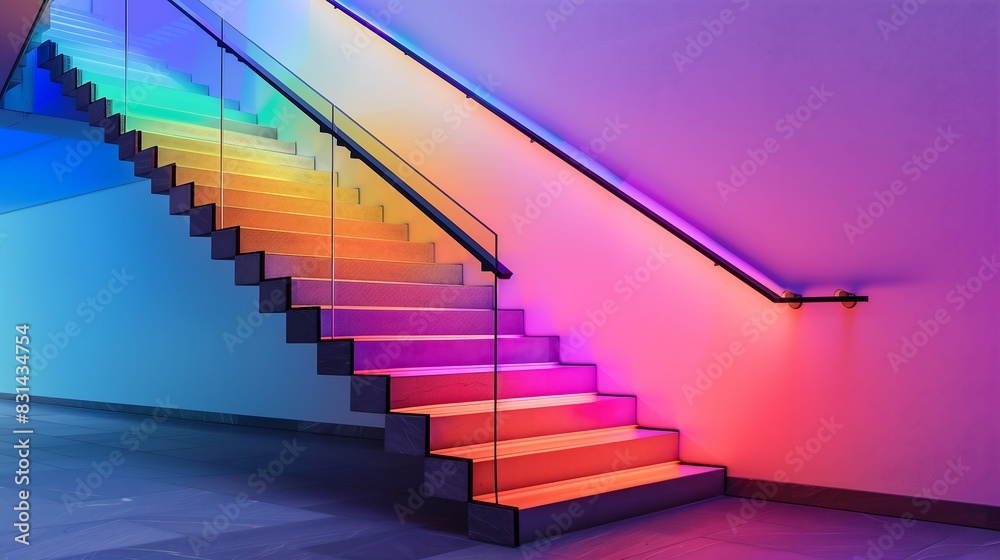 A modern staircase with a handrail that doubles as an interactive art installation, changing colors as one ascends A modern staircase with a handrail that doubles as an interactive art installation, changing colors as one ascends