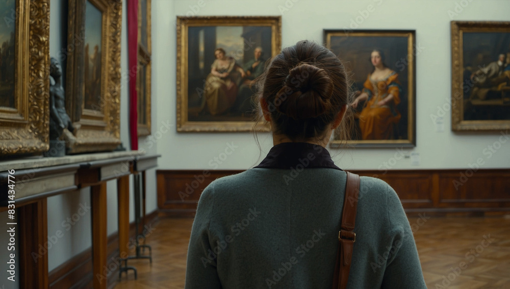 Back portrait of an adult woman looking at museum paintings in an old museum art gallery
Back portrait of an adult woman looking at museum paintings in an old museum art gallery