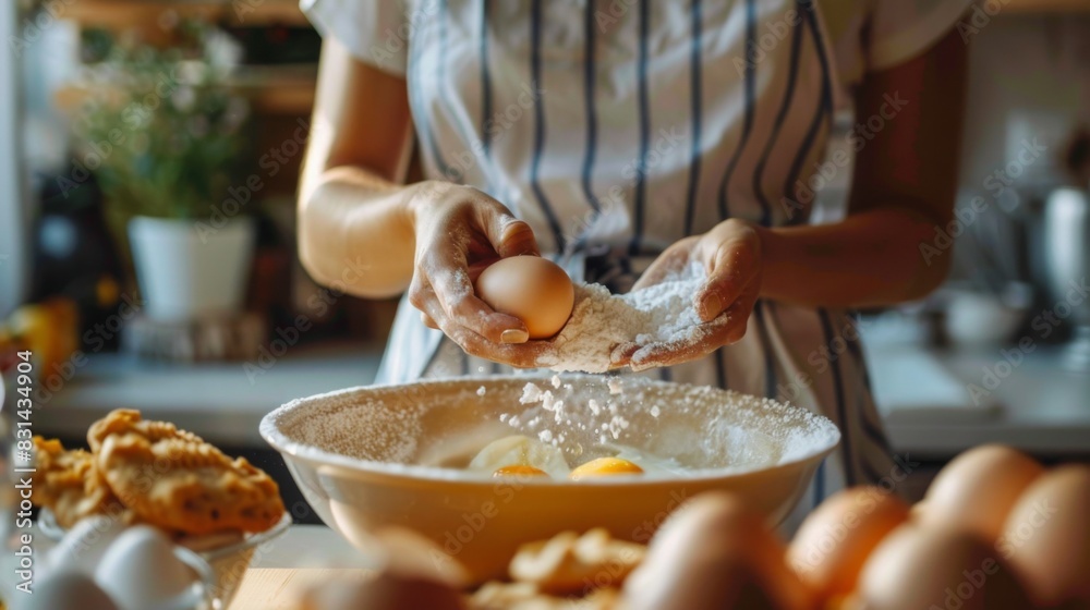 Woman cracking eggs into a mixing bowl, preparing to bake a batch of homemade cookies, indulging in the joys of baking