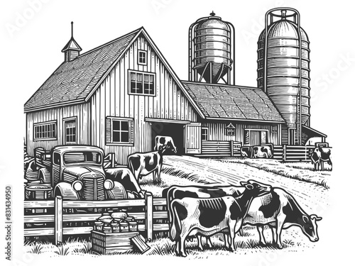 rural charm of a milk dairy farm scene with cattle grazing in front of a classic barn and windmill sketch engraving generative ai vector illustration. Scratch board imitation. Black and white image.