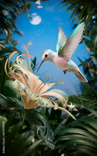 beautiful pink hummingbird drinking nectar from exotic soft pink flower against jungle background. close up. Ai generated