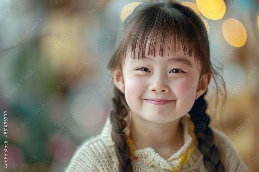 Portrait of an adorable young girl with braided hair, smiling warmly with a soft bokeh backdrop Portrait of an adorable young girl with braided hair, smiling warmly with a soft bokeh backdrop