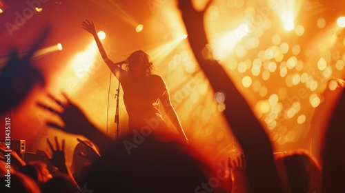Electric concert ambiance with silhouettes of dancing audience against glowing lights. Showcasing the exhilaration and joy of live performances. photo