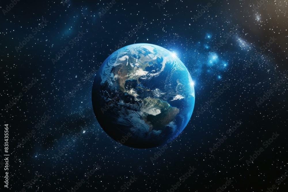 Stunning view of earth floating serenely in the vast cosmos, surrounded by stars Stunning view of earth floating serenely in the vast cosmos, surrounded by stars
