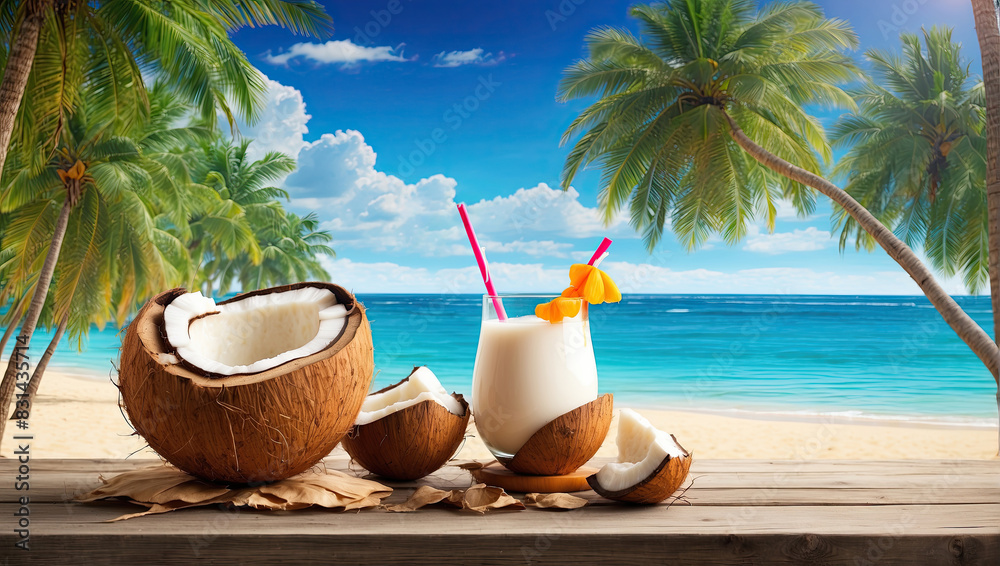 Obraz premium Juicy coconut halves Illustration on a tropical beach against the background of the sea - cocktail, refreshing coconut milk.