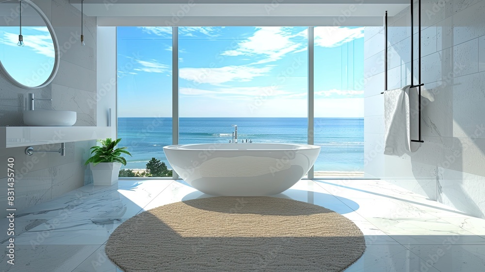 Large bathroom with oversized freestanding bathtub, ocean views through