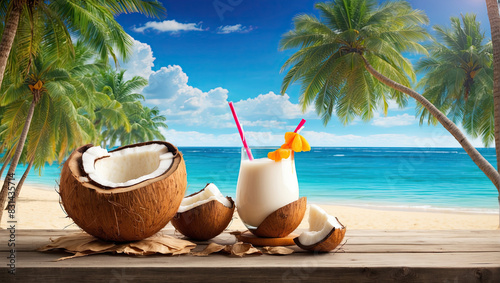 Juicy coconut halves Illustration on a tropical beach against the background of the sea - cocktail  refreshing coconut milk.