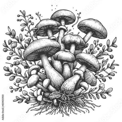 mushrooms surrounded by foliage, showcasing intricate line work and classic artistic style sketch engraving generative ai vector illustration. Scratch board imitation. Black and white image.