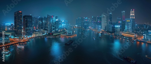 A bustling cityscape at night, illuminated by a tapestry of lights