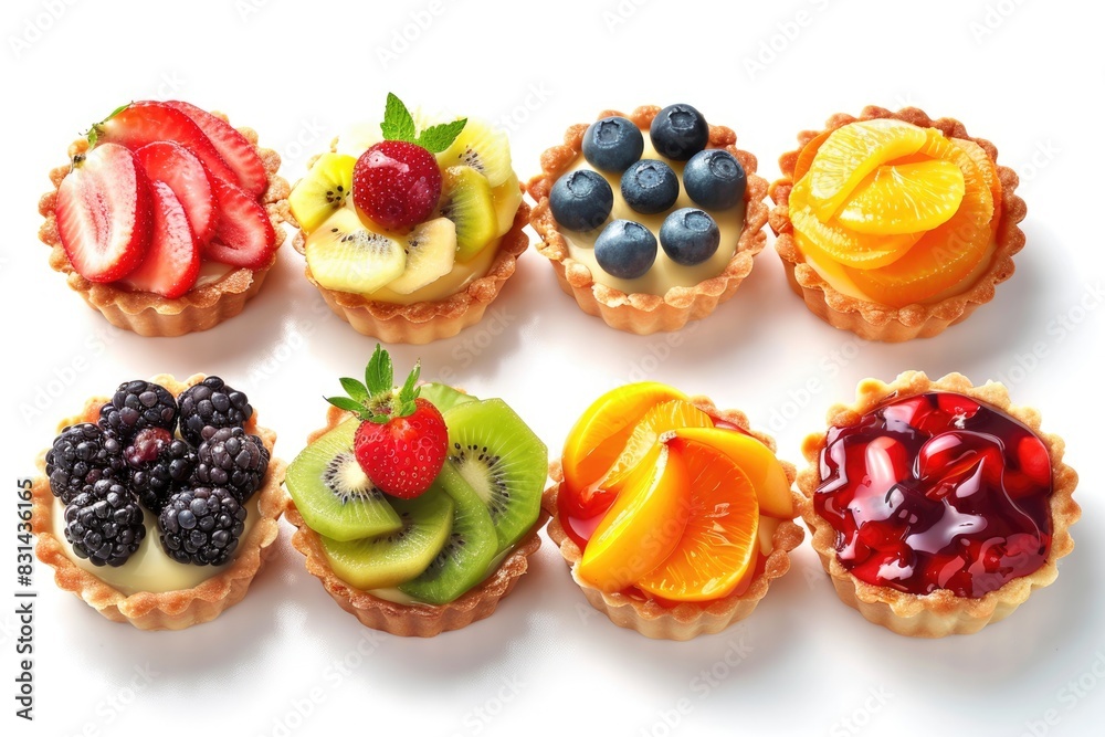 Fruit Tarts Variety. Assorted Colorful Fruit Tarts from Bakery, Isolated on White Background