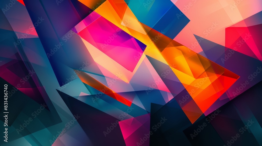 A bold, abstract wallpaper with geometric shapes in various pride colors, overlapping and intersecting to create a sense of movement and depth. The background is a gradient of dark to light shades,
