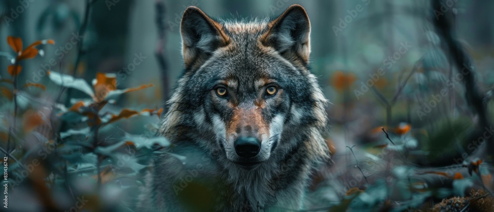 A lone wolf prowls through the dense forest, its piercing eyes captured with unparalleled clarity A lone wolf prowls through the dense forest, its piercing eyes captured with unparalleled clarity