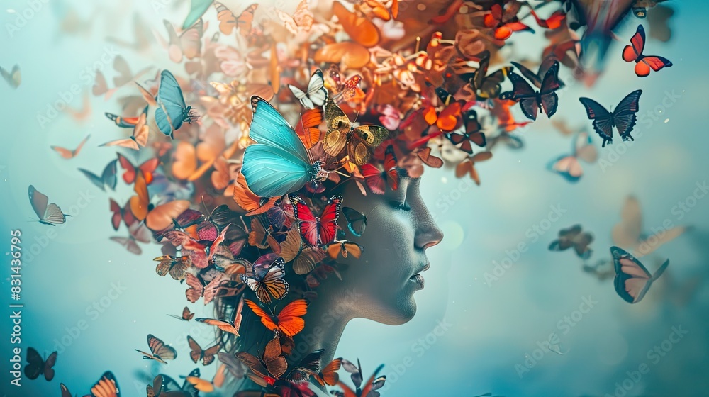 Abstract illustration, butterflies flying around a woman's head, dreamy, imagination. Abstract illustration, butterflies flying around a woman's head, dreamy, imagination.