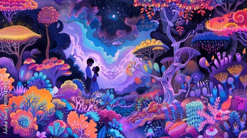 A whimsical illustration of an LGBTQ couple in a surreal, dream-like garden filled with fantastical plants and animals. The colors are bright and saturated, with intricate details and flowing,