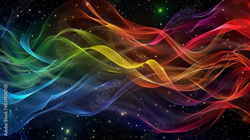 Fototapeta Naklejka Na Ścianę i Meble -  An abstract wallpaper featuring interwoven rainbow ribbons forming intricate patterns, with fluid gradients blending between colors. The background is a deep, cosmic black with tiny white stars
