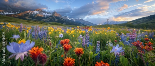  field of vibrant wildflowers stretches to the horizon photo