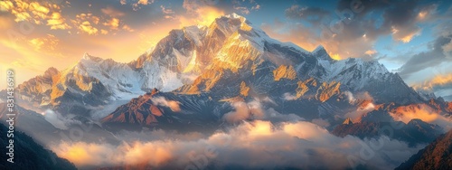 A majestic mountain range, bathed in golden sunlight, showcases the awe-inspiring beauty of nature photo
